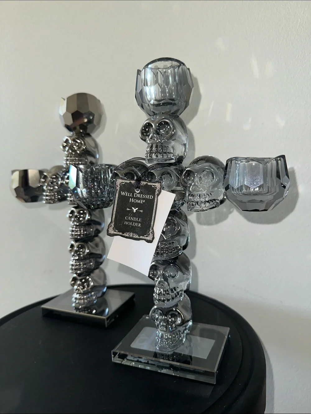 Crystal Silver Skull Cross Candle Holder set